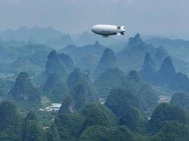 China's first homegrown AS700 civil manned airship conducts its demonstration flight in Yangshuo county, Guilin, south China's Guangxi Zhuang autonomous region. (Photo provided by the Special Vehicle Research Institute under the Aviation Industry Corporation of China)