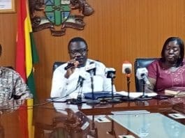 From left, Mr Andrews Mensah,(Chief Director BRCC), Hon. Joseph Addae Akwaboa (Regional Minister) and Theresah Adjei Mensah,(Deputy Director BRCC)