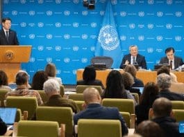 Fu Cong (2nd R, rear), China's permanent representative to the United Nations, briefs reporters on the program of work of the Security Council for the month at the UN headquarters in New York, Feb. 3, 2025. While assuming the rotating presidency of the United Nations Security Council for February, China will work on the priorities of reaffirming member states' commitment to multilateralism and enhancing global governance, the Chinese envoy said Monday. (Manuel Elias/UN Photo/Handout via Xinhua)
