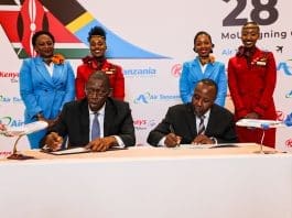 (L) Air Tanzania CEO Mr. Peter Ulanga, (R) Kenya Airways Group Managing Director and CEO Mr. Allan Kilavuka