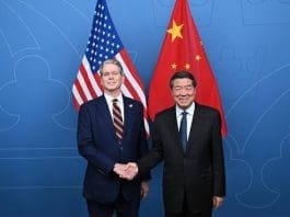 Chinese Vice Premier He Lifeng, also a member of the Political Bureau of the Communist Party of China Central Committee, shakes hands with U.S. Treasury Secretary Scott Bessent prior to a new round of China-U.S. economic and trade talks in Stockholm, Sweden, July 28, 2025. (Xinhua/Dai Tianfang)