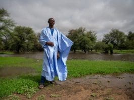 A farmer stands in a flooded garden in Mauritania’s Guidimakha region, where recurrent flooding and soil degradation have severely affected local livelihoods. Photo: IOM 2025/Alexander Bee