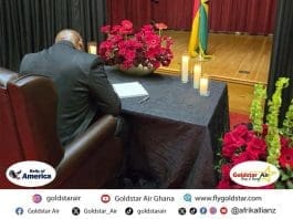 Goldstar Air's Chairman and CEO, Eric Bannerman, signing the book of condolence at Ghana Embassy in Washington DC, mourning the loss of eight lives in the recent helicopter crash. The Chairman and management of the airline extends condolences to the bereaved families and assures that aviation safety and security will always be a priority. ensuring safe travel for passengers.