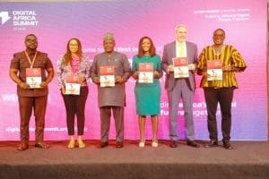 Mtn Ceo Minister Of Communication Digital Technology Innovations Head Of Gsma Africa And Other Dignitaries Displaying The Report At The Digital Africa Summit