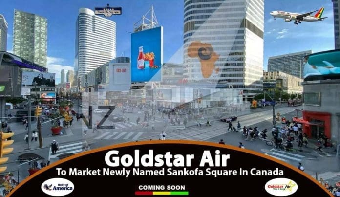 Goldstar Air has adopted the Sankofa symbol as part of the newly created Afrik Allianz logo, a powerful African emblem that fuel the Alliance’s mission to connect over 121 African airports. This innovative concept has also spotlight Yonge-Dundas Square, rebranded as Sankofa Square, in Ontario, Canada. The rebranding will be strongly marketed to drive global awareness, job creation, and development on both sides of the Atlantic, Ghana and Canada. Goldstar Air has adopted the Sankofa symbol as part of the newly created Afrik Allianz logo, a powerful African emblem that fuel the Alliance’s mission to connect over 121 African airports. This innovative concept has also spotlight Yonge-Dundas Square, rebranded as Sankofa Square, in Ontario, Canada. The rebranding will be strongly marketed to drive global awareness, job creation, and development on both sides of the Atlantic, Ghana and Canada.