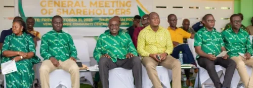 The Board Chairman, Ben Kwakye-Addeefe Esq (middle and beaming with smiles). flanked by the CEO, Frederick Kwakye Kyei as well as the Kumasi Manager, of ARB Apex Bank, Leanard Maasang and other board members